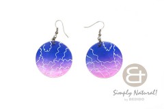 Capiz Shell 35 mm Blue Round Hand Painted Dyed Dangling Lavender Earrings 0009ER