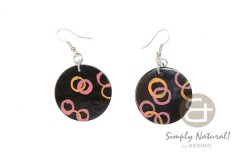 Capiz Shell Hand Painted Black Round 35 mm Dangling Earrings 0068ER