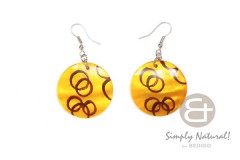 Capiz Shell Hand Painted Yellow Round 35 mm Dangling Earrings 0070ER